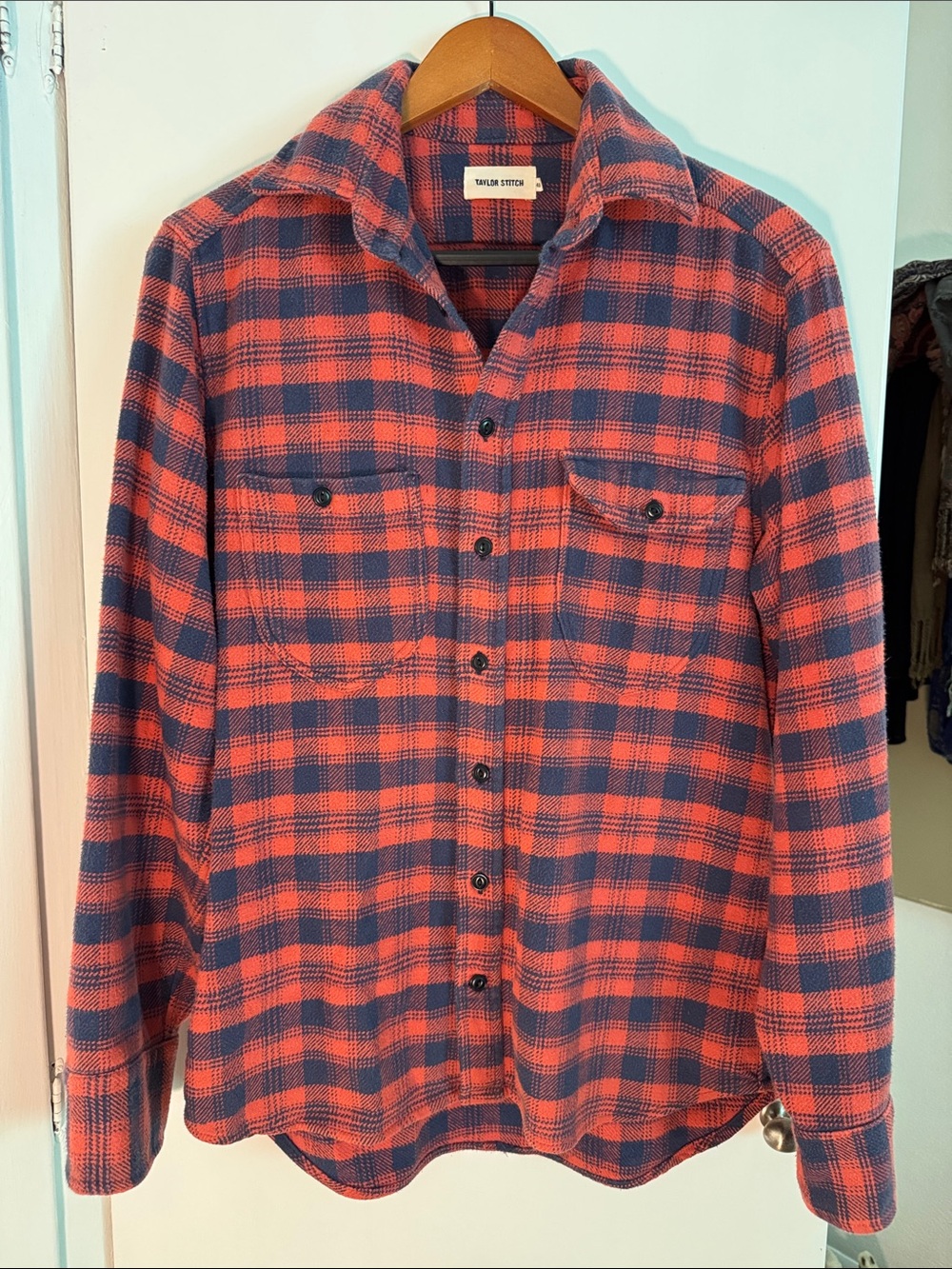 Taylor Stitch Red and Navy Plaid Casual Button-Down Shirt